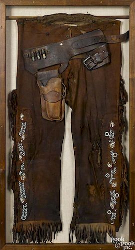 Pair of Western U.S. hide pants, 19th c., with bead and fringe decoration, 40 1/2'' l.