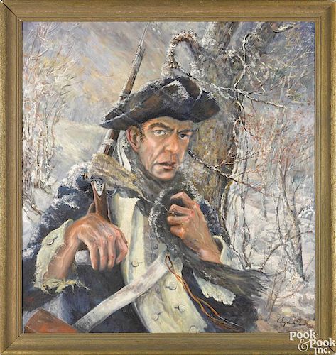 Oil on canvas portrait of a revolutionary soldier in winter, signed lower right C. Snyder '63