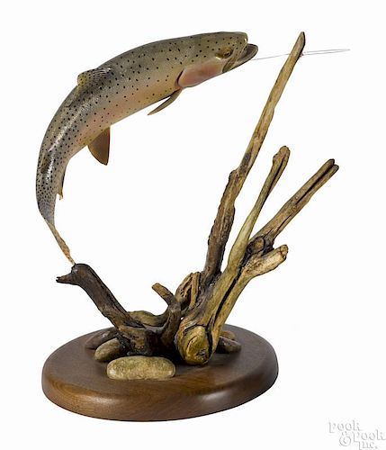 Lona Hymas-Smith, carved and painted trout on a decorative base, signed and dated August 2000