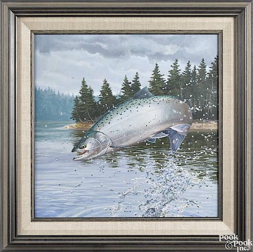 Mark Susinno (American 20th c.), acrylic on board of a leaping Coho salmon, signed and dated