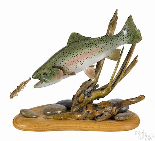 Lona Hymas-Smith, carved and painted rainbow trout on a decorative base, signed and dated