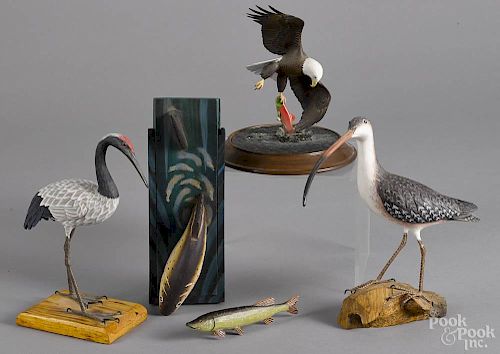 Group of contemporary carved and painted figures, to include a fish box with a sliding top