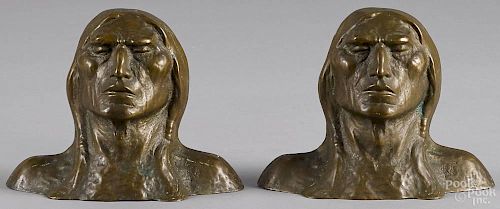 Pair of cast bronze Native American Indian bookends, ca. 1900, signed West, 5 1/2'' h.