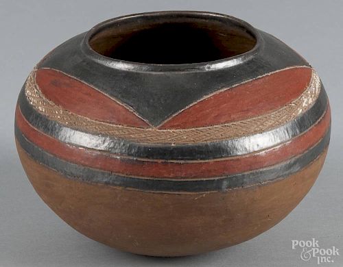 Native American pottery bowl with incised band decoration, 7'' h., 9 1/2'' dia.