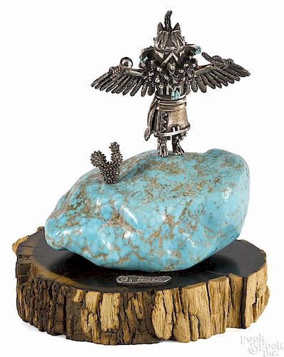 Carol Sues, turquoise and silver Native American Kachina sculpture, titled Kwahu Eagle, 7'' h.