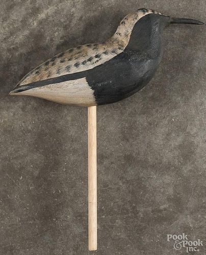 Carved and painted shorebird decoy, mid 20th c., 9 1/4'' l.