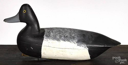 New Jersey carved and painted bluebill duck decoy, mid 20th c., 15'' l.