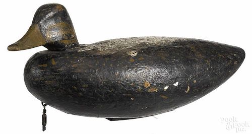 Carved and painted black duck decoy, early 20th c., probably Long Island, New York, 15'' l.
