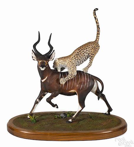 Louis Paul Jonas Studios composition sculpture of a cheetah attacking a kudu, signed L. E. 78/400