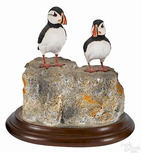 Fred M. Cutts, Reading, Pennsylvania, carved and painted puffins on a faux stone base, signed
