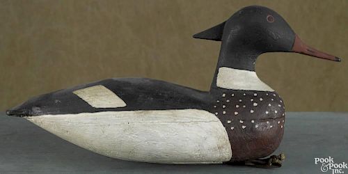 New Jersey carved and painted merganser duck decoy, mid 20th c., 16'' l.
