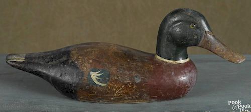 Carved and painted mallard duck decoy, mid 20th c., 13 3/4'' l.