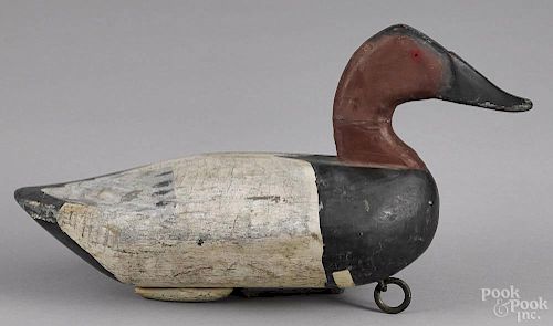 Susquehanna River carved and painted canvasback duck decoy, mid 20th c., 16'' l.