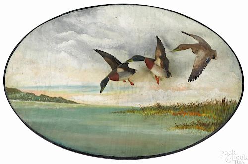 Carved and painted plywood diorama plaque of mallards landing, mid 20th c., 12'' h., 17 3/4'' w.
