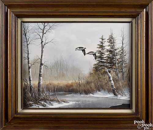 Anton Znaniecki, oil on canvas winter landscape of geese flying over a field, signed lower left