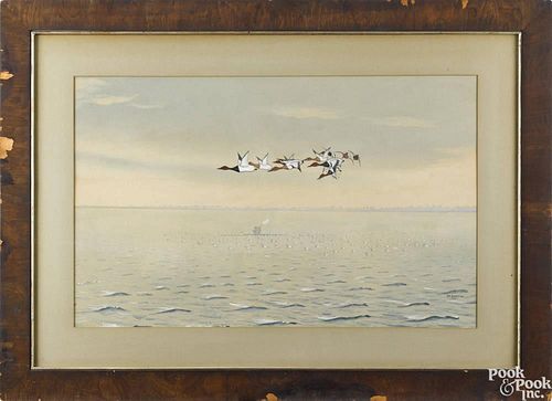 P. C. Wharton (American 1880-), mixed media on paper of a duck hunter shooting canvasback ducks
