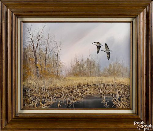 Anton Znaniecki, oil on canvas fall landscape of geese flying over a corn field, signed lower left