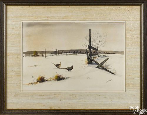 Tom Davis, winter landscape with pheasants, signed and dated 1974, 14'' x 20 1/2''.