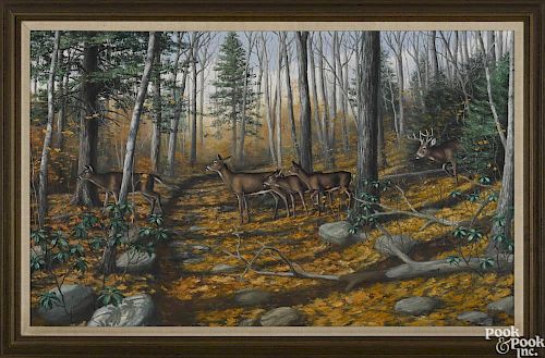 Dan Christ (American 20th c.), oil on canvas landscape with a whitetail deer, signed bottom right