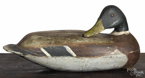 New Jersey carved and painted preening mallard duck decoy, mid 20th c., 14'' l.