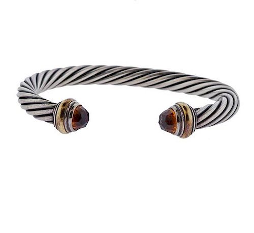 David Yurman 14K Gold Silver Smokey Topaz Cable Bracelet