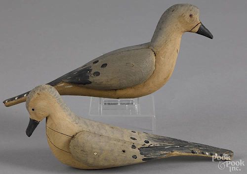 Two contemporary carved and painted mourning dove decoys, by Jimmy Wright Massey, Maryland, signed
