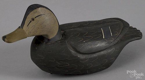 Diminutive carved and painted black duck decoy, late 20th c., 10 1/2'' l.