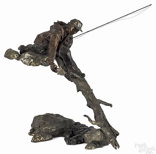 Mark Hopkins (American 20th/21st c.), cast bronze of a fisherman, titled The Moment, signed