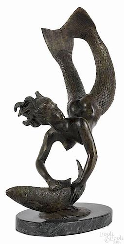 Charles Cropper Parks (American 1922-2012), cast bronze of a mermaid and fish, titled Sea Urchin