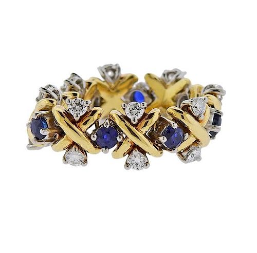 Tiffany &amp; Co Platinum 18K Gold Diamond Sapphire X Ring
