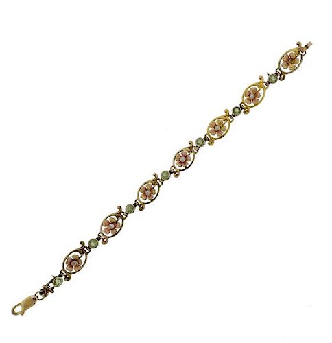 Art Nouveau  14K Gold Pearl Enamel Green Stone Bracelet 