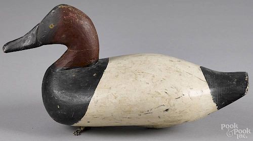 Susquehanna River carved and painted canvasback duck decoy, mid 20th c., 15'' l.