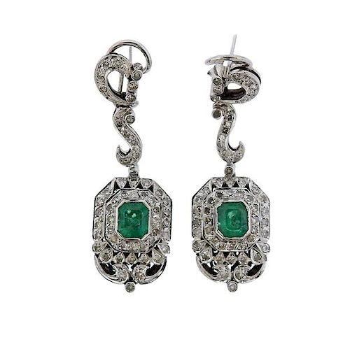 14k Gold Diamond Emerald Drop Earrings 