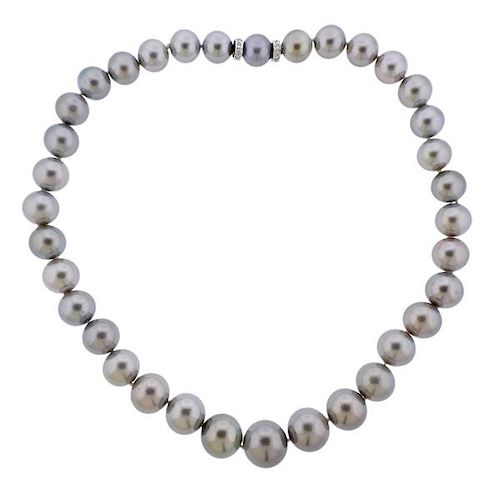 18k Gold Gray South Sea Pearl Diamond Necklace 