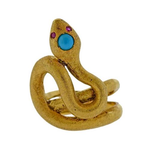 18K Gold Ruby Blue Stone Snake Ring