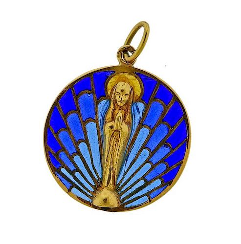 French Plique A Jour 18K Gold Blessed Mother Pendant