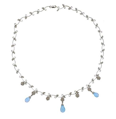 18K Gold Diamond Blue Topaz Floral Motif Necklace