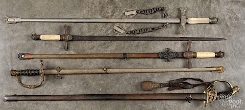 Five swords, to include three Lodge swords, two having scabbards, one Civil War veteran's sword