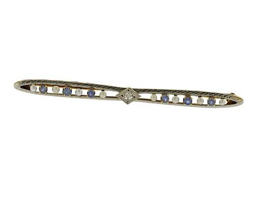 Art Deco 14K Gold Diamond Blue Stone Pearl Bar Brooch