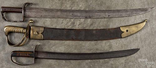 Three short swords, to include one with a triple fuller and pierced D-guard, 25'' l.