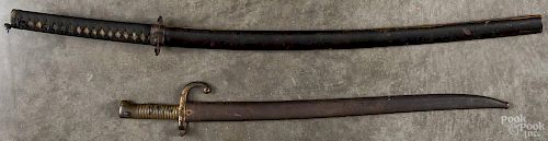 French chassepot bayonet with a yataghan blade and scabbard, 22'' l.