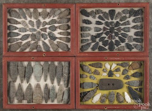 Four painted pine cases of Native American flint points and stones