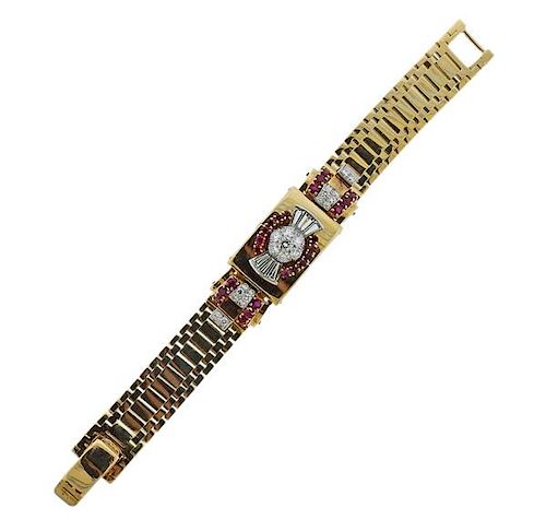 Retro Hobe 14K Gold Diamond Bracelet Watch