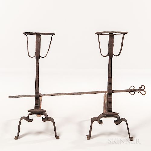 Pair of 17th Century European Wrought Iron Andirons and a Skewer