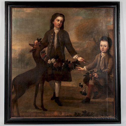 British School, 18th Century  Portrait of Two Boys and a Fawn
