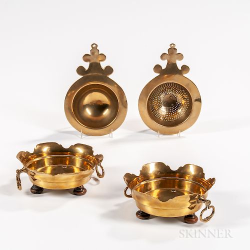 Two Brass Chafing Dishes and Strainer