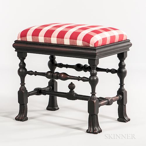 Black-painted Queen Anne-style Footstool with Carved Spanish Feet