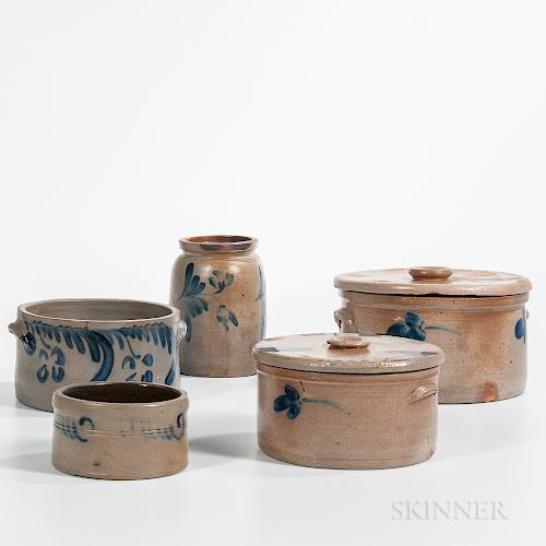 Four Cobalt Decorated Pennsylvania Stoneware Crocks and a Jar