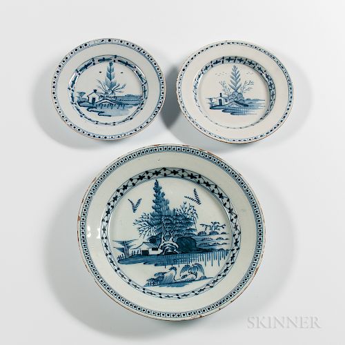 English Tin-glazed Earthenware Charger and Two Plates