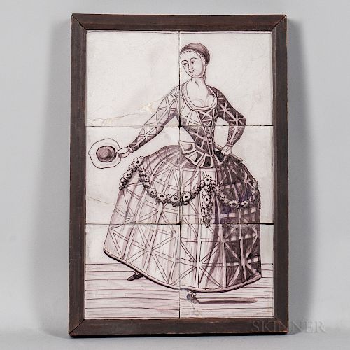 Six Framed Delft Manganese Tiles of a Woman